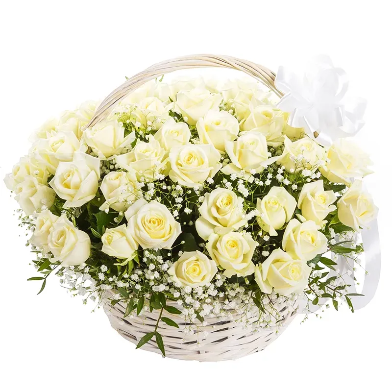 51 роза с гипсофилой в корзине