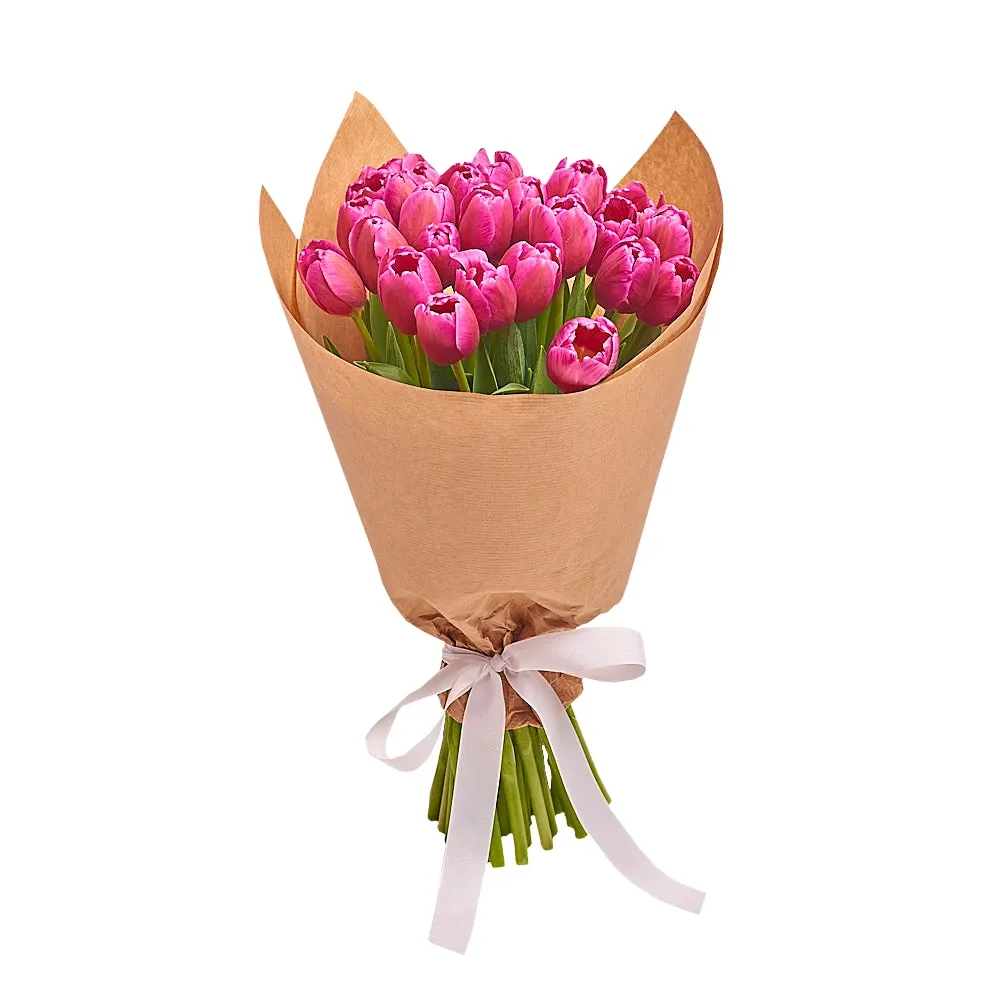 Букет из 25 розовых тюльпанов в крафте