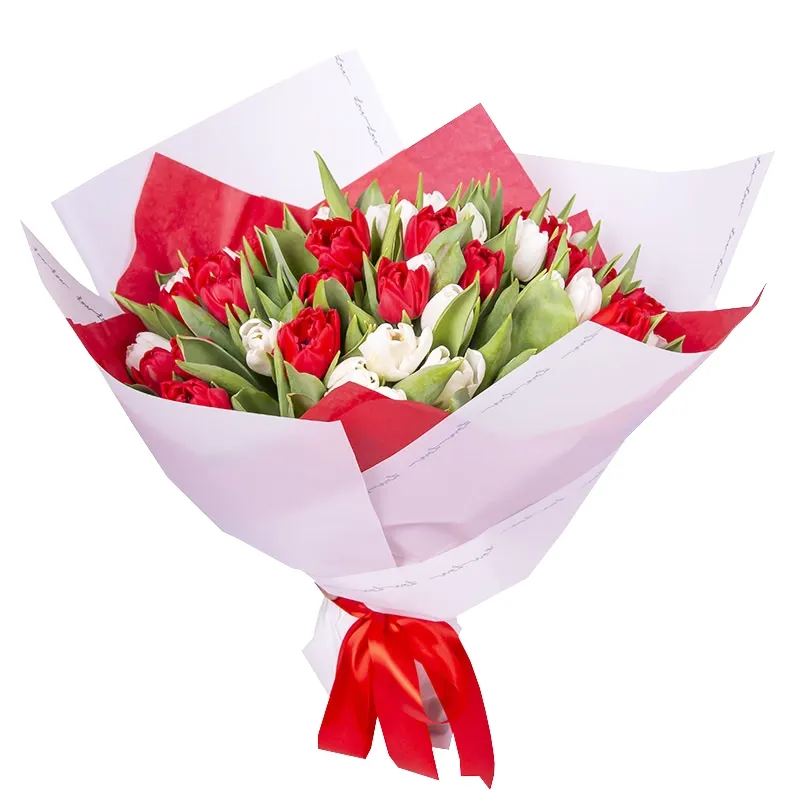 Букет из 51 красного и белого тюльпана