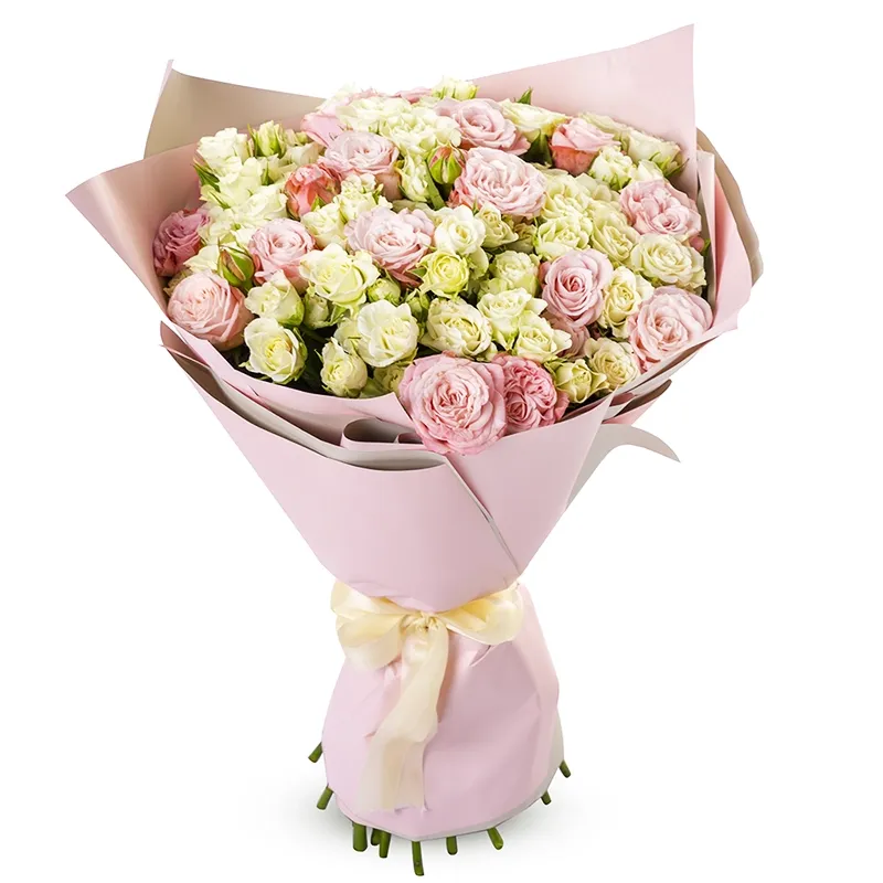 Букет из 35 белых и розовых кустовых роз
