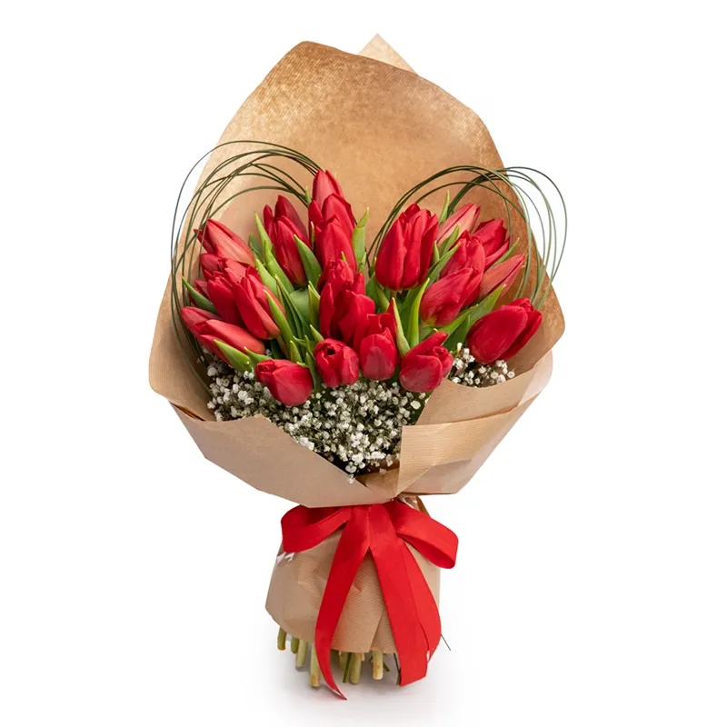 Букет из 25 красных тюльпанов и гипсофил